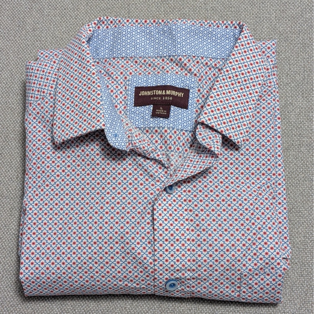 Johnston & Murphy Men's Dress Shirt L Red Blue White Geometric Pattern Cotton